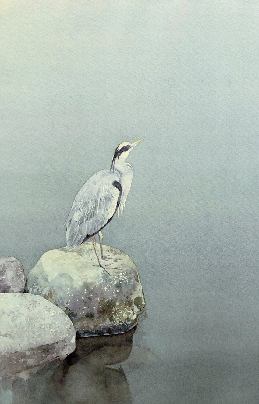 animal, bird, branch, brown_background, grey_heron, highres, leaf, mouen_tw, no_humans, original, painting_(medium), plant, realistic, traditional_media, watercolor_(medium)