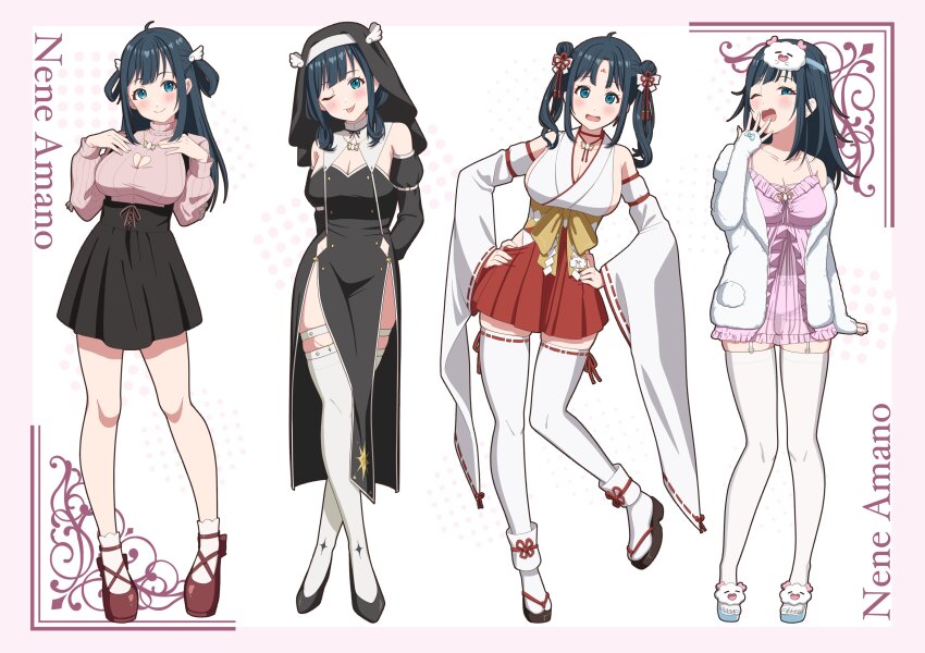 1girl, ;p, absurdres, ahoge, amano_nene_(1st_costume)_(vtuber), amano_nene_(nun)_(vtuber), amano_nene_(pajamas)_(vtuber), amano_nene_(shrine_maiden)_(vtuber), amano_nene_(vtuber), ankle_garter, arms_behind_back, bare_shoulders, black_dress, black_hair, black_skirt, black_sleeves, black_veil, bloomers, blue_eyes, blush, bow, breasts, character_name, choker, cleavage, cleavage_cutout, closed_mouth, clothing_cutout, cloudtomo_(amano_nene), commentary_request, commission, covering_own_mouth, detached_collar, detached_sleeves, double_bun, dress, facial_mark, forehead_mark, frilled_nightgown, full_body, hair_bun, hair_ornament, hair_rings, hakama, hakama_short_skirt, hakama_skirt, half_updo, hand_on_own_hip, hand_over_own_mouth, heart_cutout, high-waist_skirt, high_collar, high_heels, highres, hip_vent, jacket, japanese_clothes, juliet_sleeves, kimono, large_breasts, legwear_garter, long_dress, long_hair, long_sleeves, looking_at_viewer, low_twintails, mary_janes, mask, mask_on_head, medium_hair, miniskirt, multiple_views, nightgown, nontraditional_miko, nun, obi, official_alternate_costume, official_alternate_hairstyle, one_eye_closed, parted_bangs, parted_hair, pelvic_curtain, pink_bloomers, pink_nightgown, pink_sweater, production_kawaii, puffy_sleeves, pumps, red_choker, red_footwear, red_skirt, ribbed_sweater, ribbon-trimmed_thighhighs, ribbon_trim, sandals, sash, see-through_clothes, shoes, side_slit, sideless_kimono, sidelocks, skeb_commission, skirt, sleep_mask, sleeve_garter, sleeveless, sleeveless_kimono, smile, socks, spaghetti_strap, strapless, strapless_dress, suspender_skirt, suspenders, sweater, taiga_sb, thigh_strap, thighhighs, tongue, tongue_out, turtleneck, turtleneck_sweater, twintails, underbust, underwear, veil, virtual_youtuber, waist_bow, white_jacket, white_socks, white_thighhighs, wide_sleeves, wing_hair_ornament, yawning, yellow_sash, zouri
