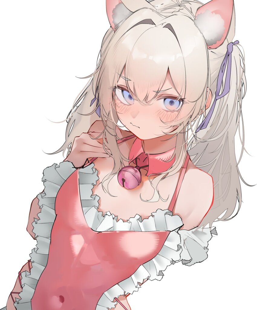 :s, absurdres, animal_ear_fluff, animal_ears, bell, blue_eyes, blush, breasts, cat_ears, cat_girl, collar, covered_navel, criss-cross_strings, cross-laced_clothes, cross-laced_leotard, cweamcat, detached_collar, dutch_angle, frilled_leotard, frills, gradient_eyes, gradient_hair, hair_intakes, hair_ribbon, hand_on_own_chest, highres, indie_virtual_youtuber, jingle_bell, leotard, long_hair, looking_at_viewer, multicolored_eyes, multicolored_hair, neck_bell, pepq, pink_collar, pink_leotard, purple_ribbon, ribbon, second-party_source, sidelocks, simple_background, small_breasts, twintails, upper_body, v-shaped_eyebrows, virtual_youtuber, white_background, white_hair