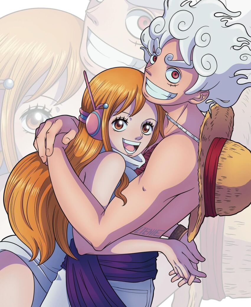 1boy, 1girl, biceps, brown_eyes, couple, gear_fifth, gomu_gomu_no_mi, grin, hat, headgear, highres, hug, leotard, long_hair, looking_at_viewer, ltenie, monkey_d._luffy, nami_(one_piece), nami_(one_piece)_(egghead), one_piece, one_piece:_egghead_arc, orange_hair, red_eyes, scar, short_hair, smile, straw_hat, topless_female, topless_male, white_hair, white_leotard