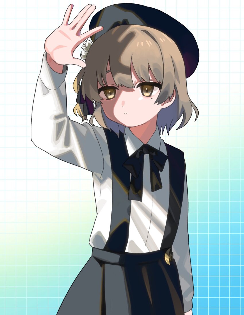 1girl, \||/, arm_at_side, beret, black_hat, black_ribbon, black_skirt, blue_background