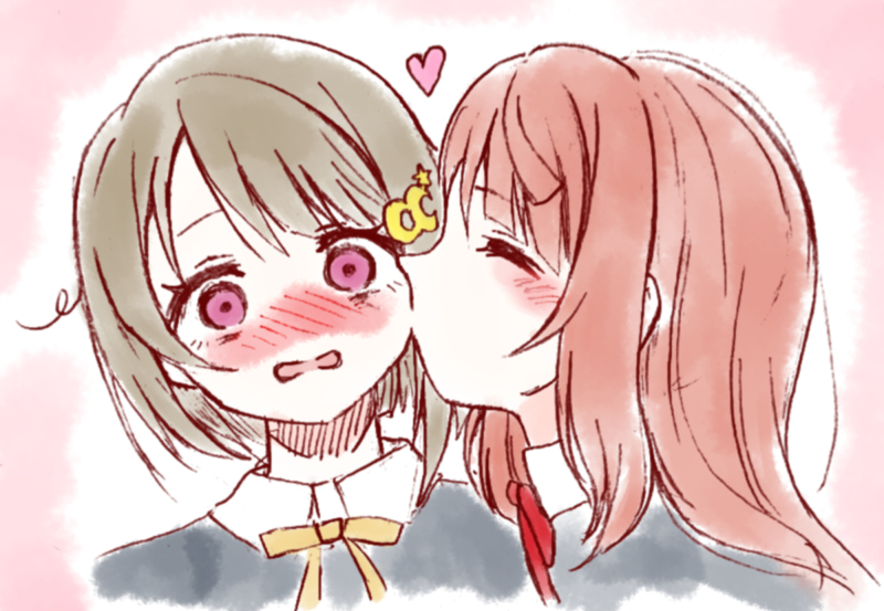 2girls, black_jacket, blazer, blunt_bangs, blush, bob_cut, brown_hair, closed_eyes, collared_shirt, crescent, crescent_hair_ornament, hair_ornament, hairclip, heart, jacket, kiss, kiss_day, kissing_cheek, looking_at_viewer, loose_hair_strand, love_live!, love_live!_nijigasaki_high_school_idol_club, medium_hair, multiple_girls, nakasu_kasumi, neck_ribbon, nijigasaki_school_uniform, nori_shio_(ususiosaikou), nose_blush, orange_hair, pink_eyes, red_ribbon, ribbon, school_uniform, shirt, short_hair, sidelocks, uehara_ayumu, upper_body, white_shirt, winter_uniform, yellow_ribbon, yuri