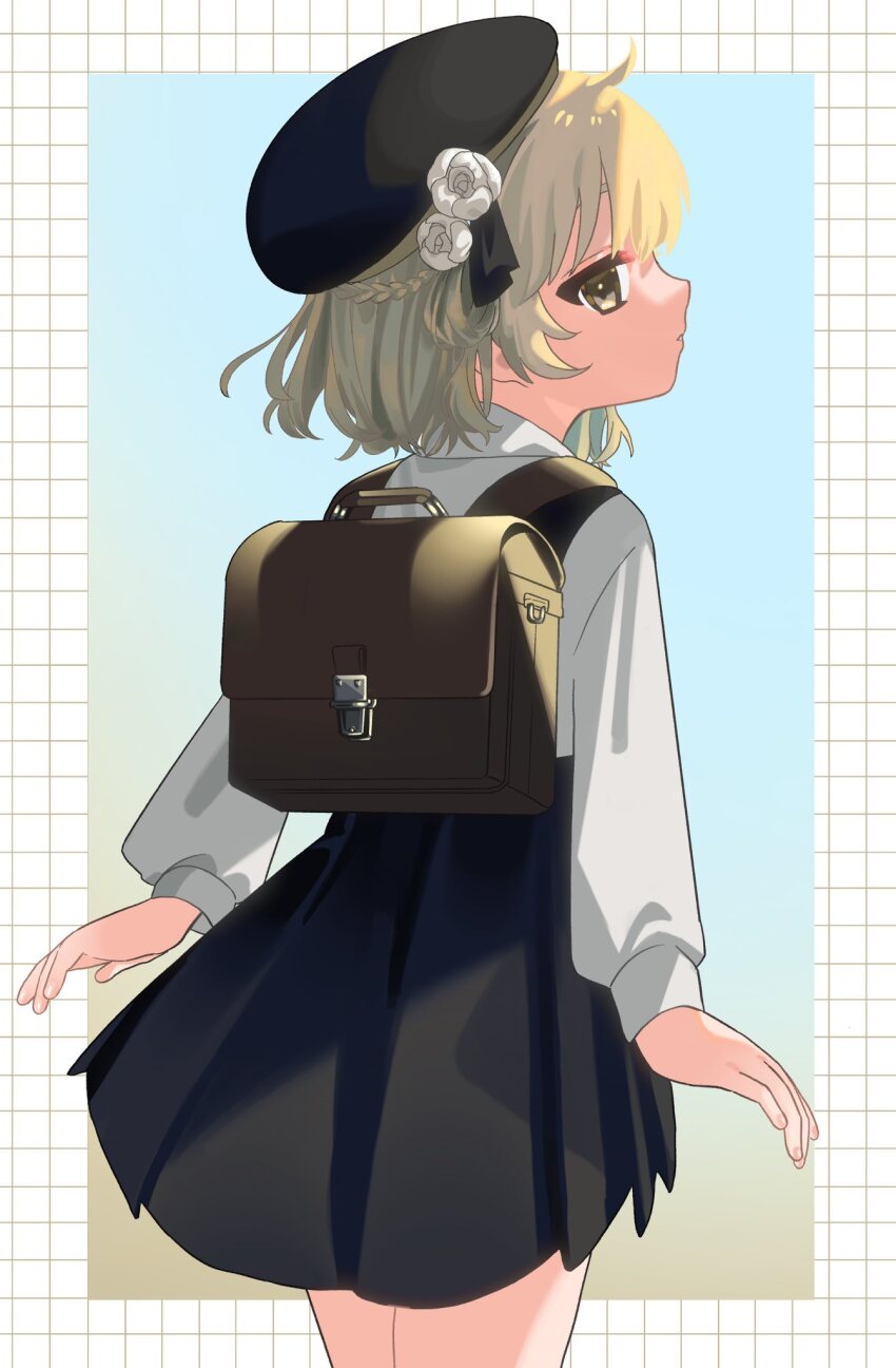 1girl, arms_at_sides, backpack, bag, black_ribbon, black_skirt, blue_background, border