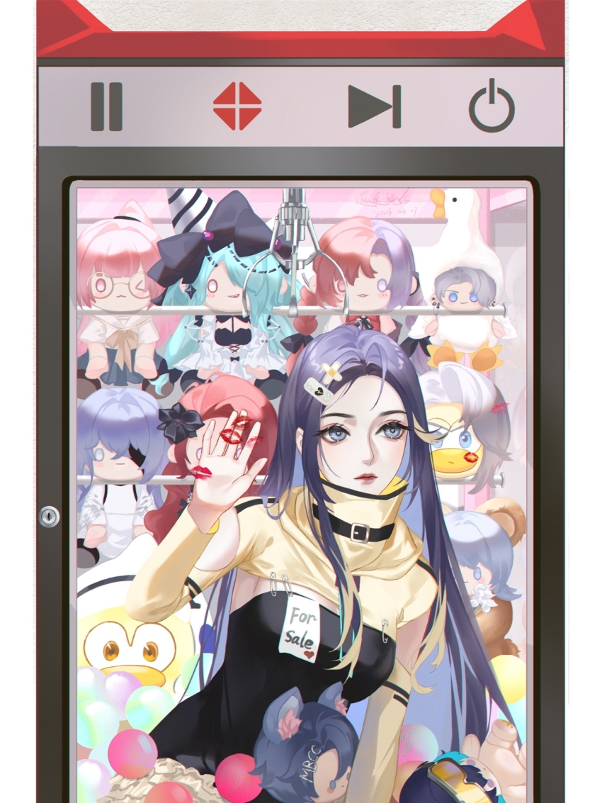 1girl, aegyo_sal, against_glass, ahoge, bandaid, bandaid_hair_ornament, black_dress, blue_eyes