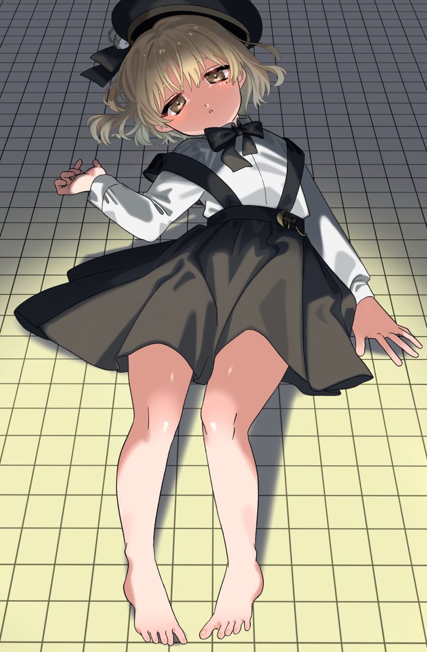 1girl, barefoot, beret, black_bow, black_bowtie, black_ribbon, black_skirt, bow, bowtie, brown_eyes, brown_hair, feet, flower, full_body, half-closed_eyes, hand_up, hat, hat_flower, hat_ribbon, hatoba_tsugu, head_tilt, highres, kinako_marumaru, long_sleeves, looking_at_viewer, mole, mole_under_eye, on_floor, ribbon, shadow, shirt, shirt_tucked_in, short_hair, skirt, solo, suspender_skirt, suspenders, suspenders_slip, tile_floor, tiles, toes, tsugu_(vtuber), virtual_youtuber, white_flower, white_shirt