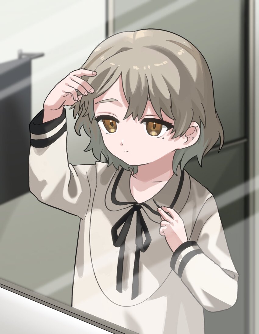 1girl, adjusting_clothes, adjusting_hair, bathroom, black_ribbon, blurry, blurry_background, brown_eyes