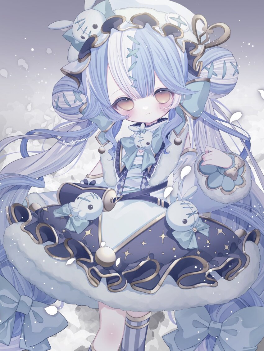 1girl, absurdly_long_hair, asymmetrical_legwear, blue_hair, blush, bow, closed_mouth, deformed