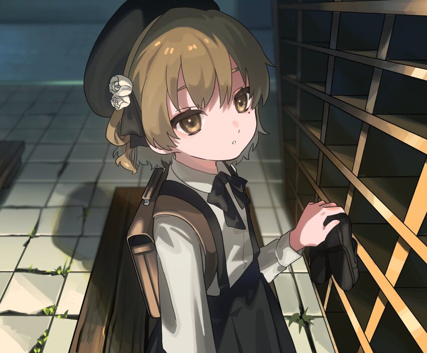 1girl, arm_at_side, backpack, bag, beret, black_ribbon, black_skirt, briefcase