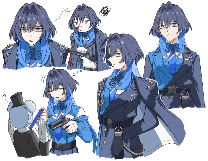 1girl, 1other, ?, biscuitaart, blood, blood_on_clothes, blood_on_face, blue_coat