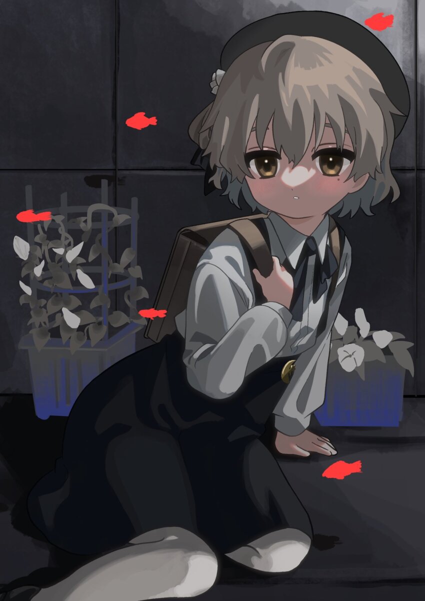 1girl, arm_support, backpack, bag, beret, black_hat, black_ribbon, black_skirt