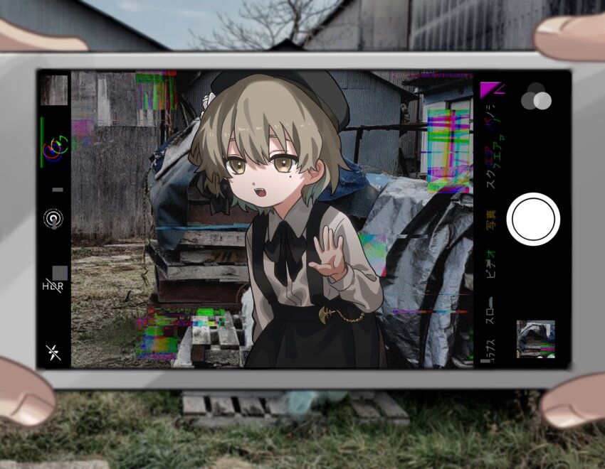 1girl, arm_at_side, beret, black_hat, black_skirt, blurry, blurry_background, blurry_foreground