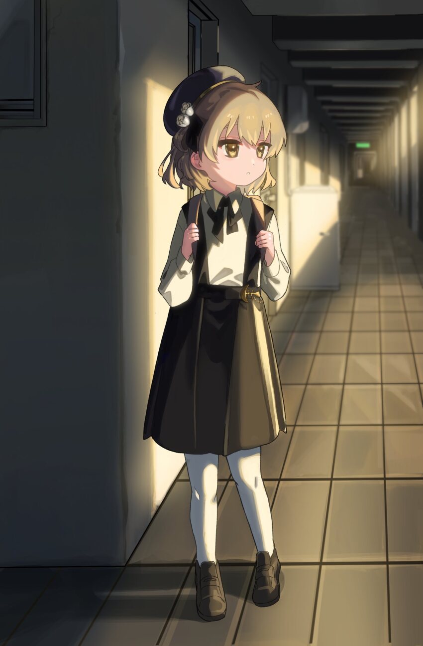 1girl, backpack, bag, beret, black_hat, blurry, blurry_background, brown_eyes