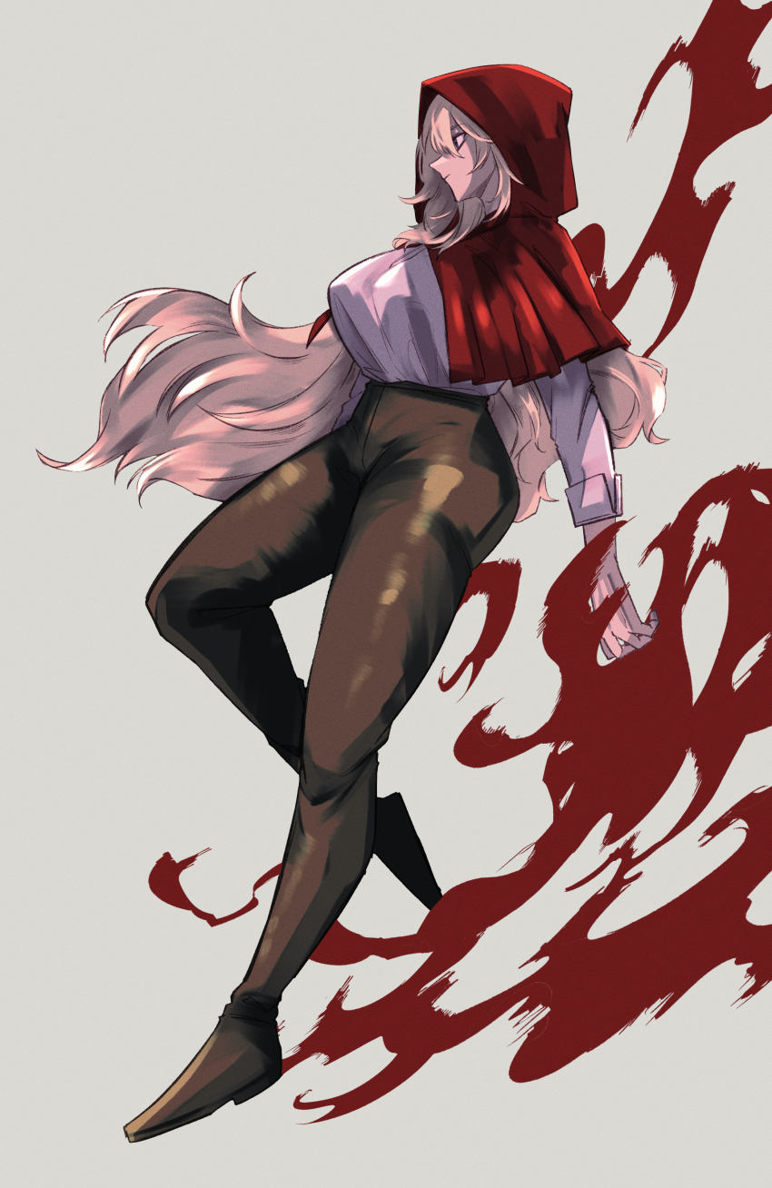 1girl, absurdres, blonde_hair, breasts, capelet, full_body, grimm_(red_hood), hair_between_eyes