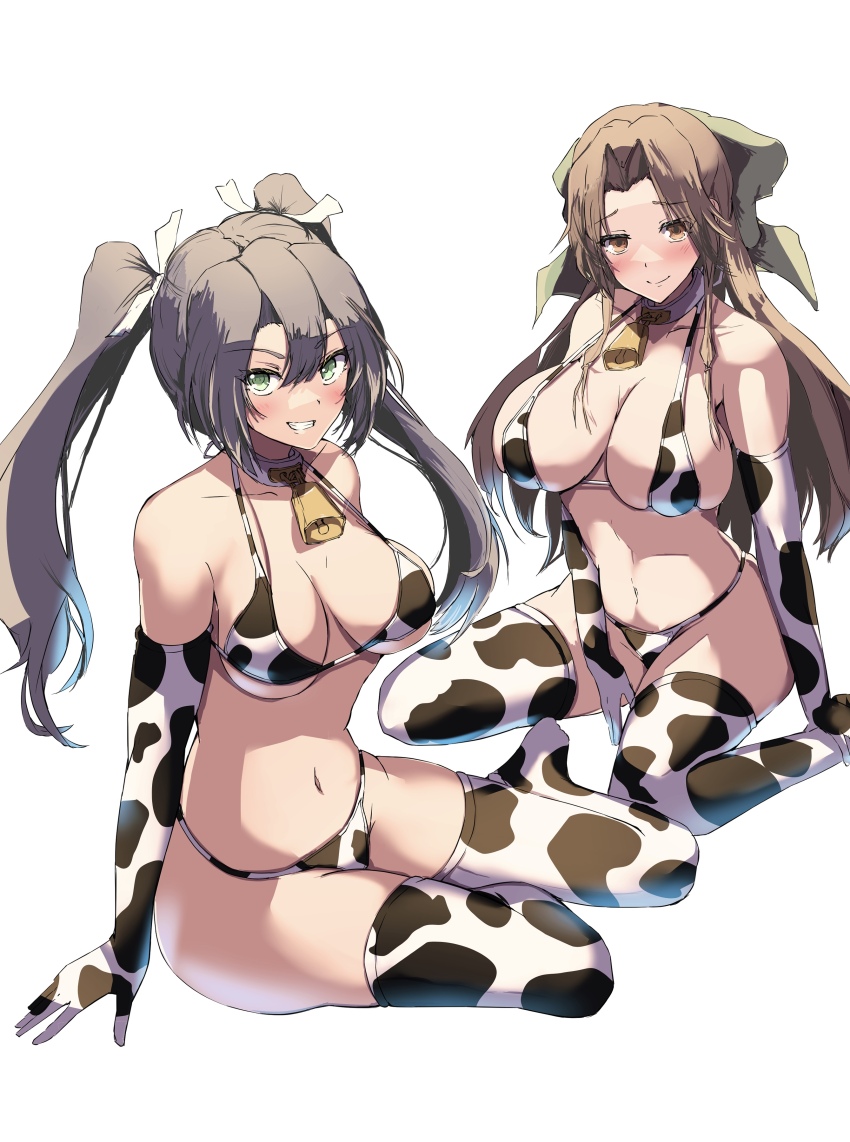 2girls, absurdres, animal_print, bell, bikini, blush, breasts, brown_eyes