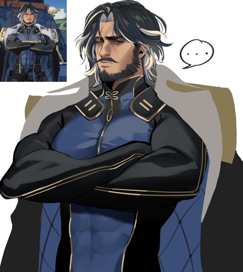 ..., 1boy, bara, beard, black_hair, cropped_torso, crossed_arms, facial_hair, full_beard, highres, light_frown, looking_at_viewer, luiki, male_focus, mature_male, multicolored_hair, muscular, muscular_male, mustache, pectorals, scar, scar_across_eye, scar_on_face, screenshot_inset, simple_background, solo, streaked_hair, thick_eyebrows, unfinished, upper_body, white_background, white_hair, wuthering_waves, yhan_(wuthering_waves)