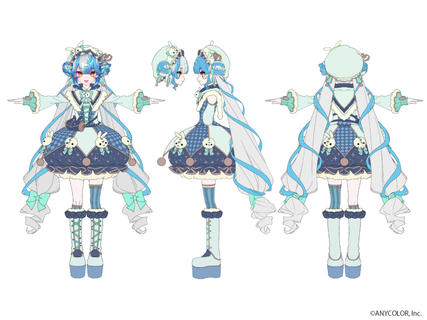 1girl, asymmetrical_legwear, blue_hair, bow, copyright_notice, double_bun, grey_hair, hair_bow, hair_bun, hat, hat_ornament, hitsuji_oshipu, long_hair, long_sleeves, low_twintails, mob_cap, multicolored_hair, multiple_views, nijisanji, nijisanji_en, official_art, orange_eyes, platform_footwear, puffy_sleeves, rabbit_hat_ornament, reference_sheet, sleeves_past_wrists, streaked_hair, striped_clothes, striped_thighhighs, thighhighs, twintails, twisty_amanozako, twisty_amanozako_(1st_costume), very_long_hair, virtual_youtuber, white_background
