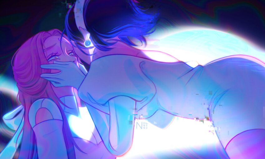 2girls, alien_stage, bare_shoulders, blue_hair, breasts, cleavage, commentary, detached_sleeves