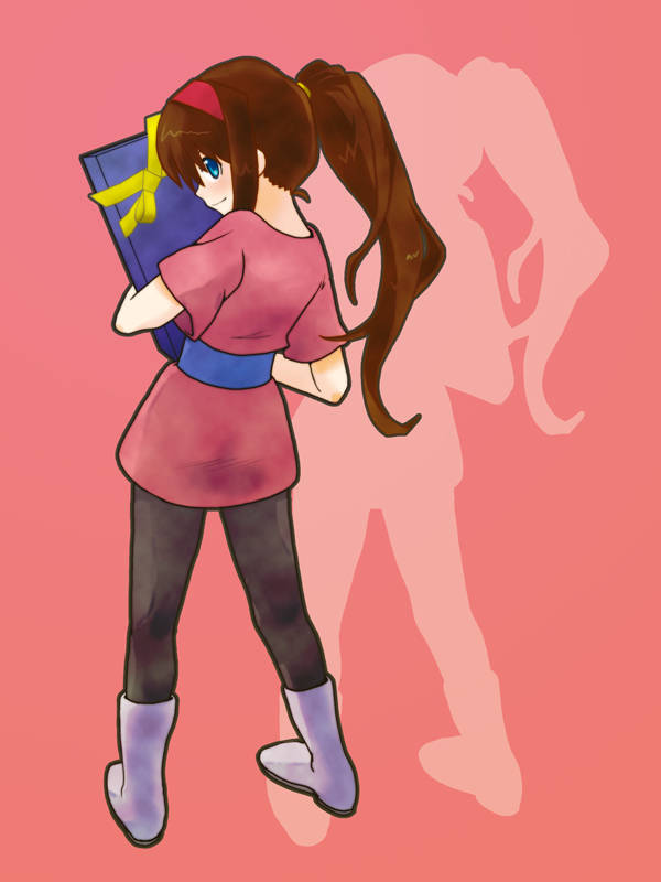 1girl, alisa_landeel, blue_eyes, boots, female_focus, full_body, gift, hairband