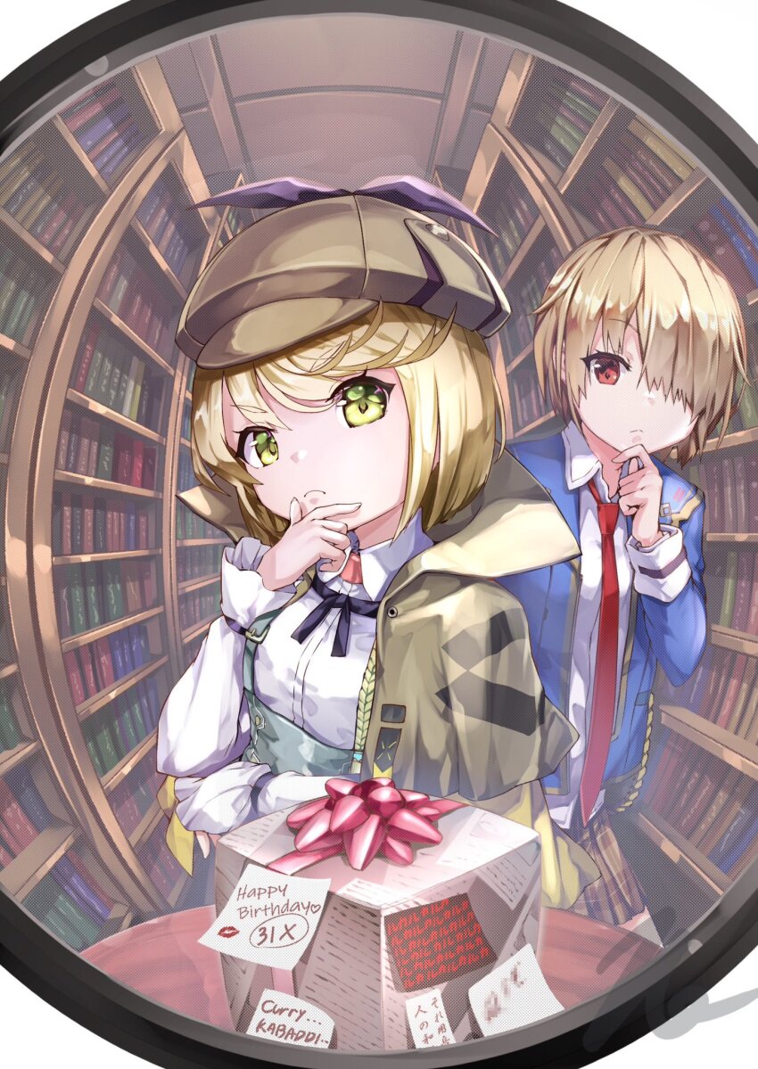 blonde_hair, box, brown_capelet, capelet, deerstalker, fisheye, gift, gift_box