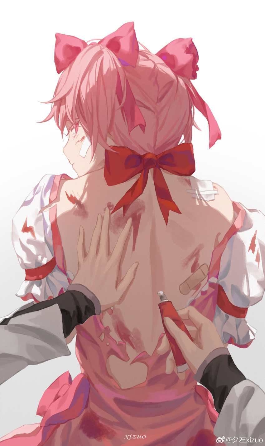 absurdres, akemi_homura, akemi_homura_(magical_girl), applying_ointment, artist_name, back, back_cutout, bandaid