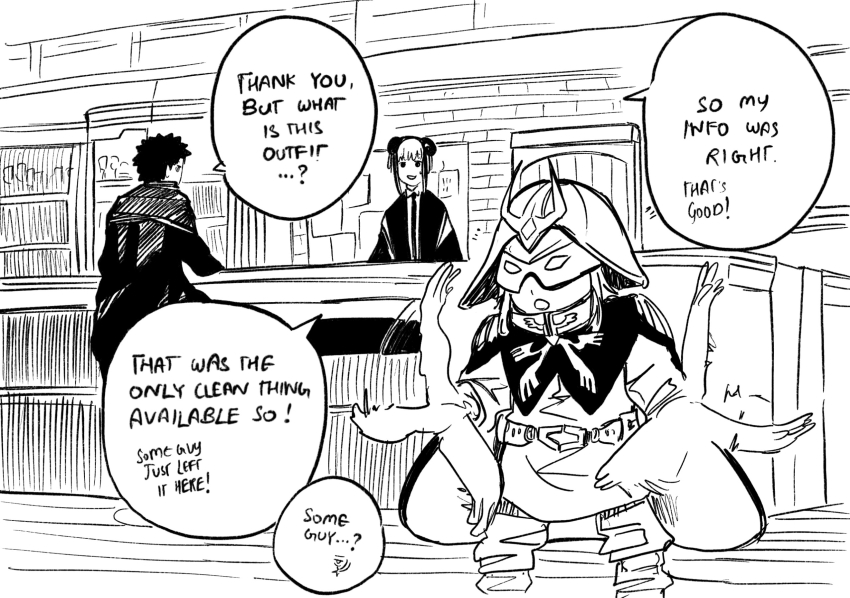 1boy, 2girls, char_aznable, char_aznable_(cosplay), commentary, cosplay, english_commentary, english_text, greyscale, gundam, helmet, highres, hinao_(kagurabachi), indoors, kagurabachi, katsutacle, kyonagi_char, mobile_suit_gundam, monochrome, multiple_girls, name_connection, rokuhira_chihiro, sitting, speech_bubble