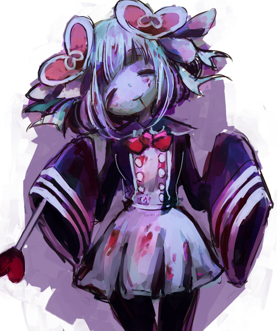 1girl, black_pantyhose, blood, blood_from_mouth, blood_on_clothes, blood_on_face, bow, bowtie, closed_eyes, facing_viewer, hair_ornament, heart, heart_hair_ornament, heart_wand, holding, holding_wand, karatou, lolo_(mahou_shoujo_of_the_end), long_sleeves, mahou_shoujo_of_the_end, pantyhose, red_bow, red_bowtie, shirt, short_hair, skirt, sleeves_past_fingers, sleeves_past_wrists, solo, wand, zombie