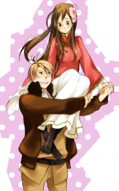 1boy, 1girl, ahoge, america_(hetalia), anenaka, axis_powers_hetalia, belt, blonde_hair, blue_eyes, blush, brown_eyes, brown_hair, carrying, chinese_clothes, couple, flower, glasses, hetero, jacket, military, military_uniform, sam_browne_belt, sitting, sitting_on_shoulder, taiwan_(hetalia)