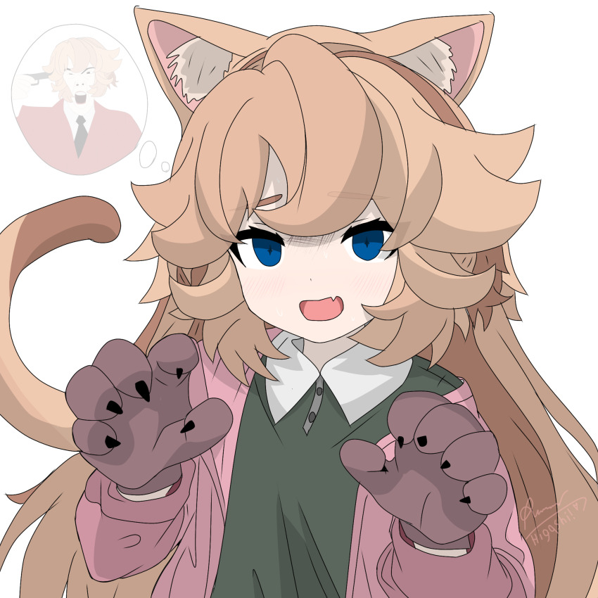 1girl, animal_ears, animal_hands, blue_eyes, cat_ears, cat_girl, cat_paws, cat_tail