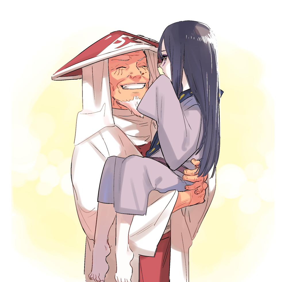 aged_down, barefoot, beard, black_hair, child, eyeliner, facial_hair, hokage, hokage_hat, holding, japanese_clothes, kimono, kutuyatti, lifting_person, long_hair, long_sleeves, makeup, multiple_boys, naruto_(series), old, old_man, orochimaru_(naruto), pale_skin, raised_eyebrow, robe, sarutobi_hiruzen, sleeves_past_fingers, sleeves_past_wrists, smile, teacher_and_student, wrinkled_skin
