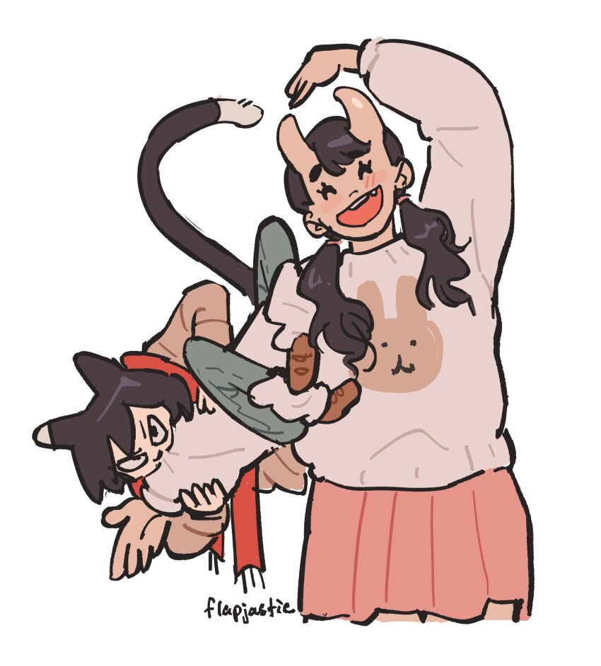2girls, alternate_costume, animal_ears, animal_print, arm_up, biting, biting_arm, black_hair, blue_pants, cat_ears, cat_girl, cat_tail, chipped_tooth, climbing, commentary, contemporary, cropped_legs, dungeon_meshi, english_commentary, facing_viewer, flapjastic, furrowed_brow, hair_over_shoulder, heart_arms, heart_arms_duo, heart_arms_failure, height_difference, highres, horns, inutade, izutsumi, leg_warmers, long_hair, long_sleeves, looking_at_viewer, low_twintails, mismatched_animal_ear_colors, multiple_girls, oni, pants, pink_skirt, print_sweater, rabbit_print, red_scarf, scarf, shoes, short_hair, simple_background, skin-covered_horns, skirt, sweater, tail, twintails, twitter_username, white_background