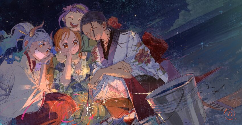 +_+, 4girls, :t, ^_^, arm_around_neck, black_hair, blue_hair, bucket, cheek_press, child, chin_rest, closed_eyes, dutch_angle, fireworks, floral_print, gradient_hair, grey_hair, grin, hair_slicked_back, hakama, hand_on_own_cheek, hand_on_own_face, happy, hashtag-only_commentary, head_on_head, head_rest, height_difference, high_ponytail, highres, holding, holding_fireworks, horizon, horns, hug, hug_from_behind, japanese_clothes, kimono, kurozumi_tama, leaning_forward, long_hair, long_sleeves, looking_at_object, multicolored_hair, multiple_girls, nami_(one_piece), nico_robin, night, ocean, one_piece, oni, orange_eyes, orange_hair, outdoors, ponytail, print_kimono, purple_hair, siyangou49, sky, smile, squatting, star_(sky), starry_sky, water, white_hair, wide_sleeves, yamato_(one_piece)