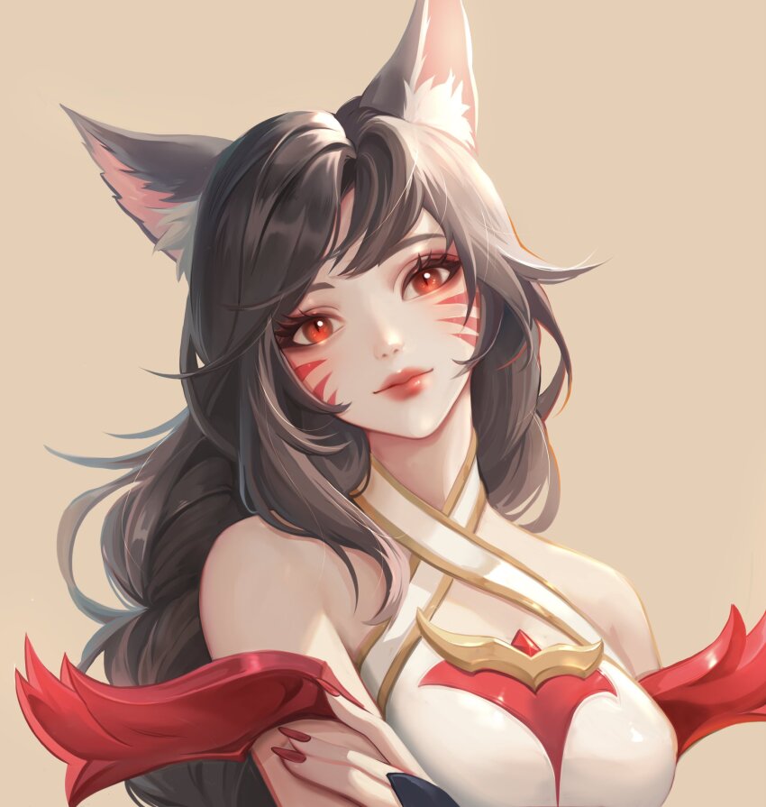 1girl, ahri_(league_of_legends), animal_ear_fluff, animal_ears, black_hair, boraiolet, breasts, closed_mouth