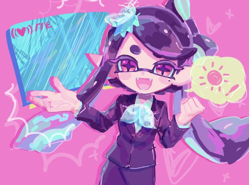!, 1girl, black_hair, black_suit, bow-shaped_hair, callie_(news_anchor)_(splatoon), callie_(splatoon), clenched_hand