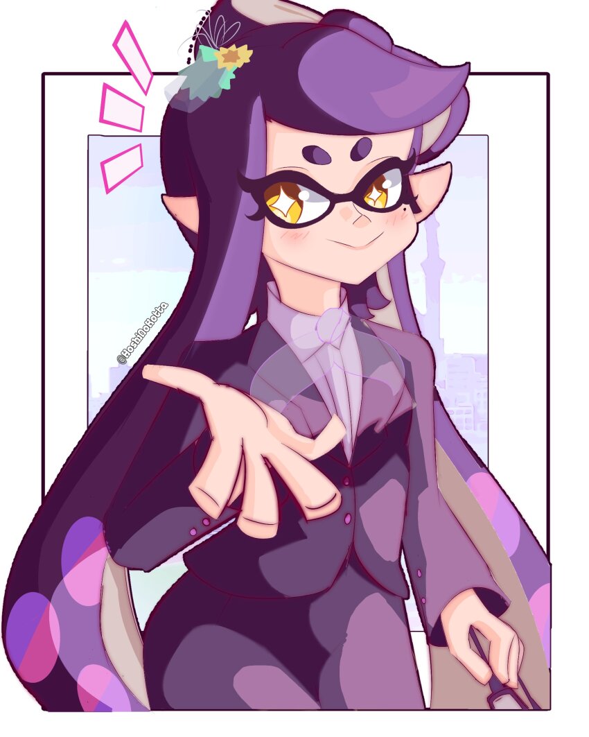 1girl, absurdres, black_suit, border, bow-shaped_hair, bright_pupils, callie_(news_anchor)_(splatoon), callie_(splatoon)
