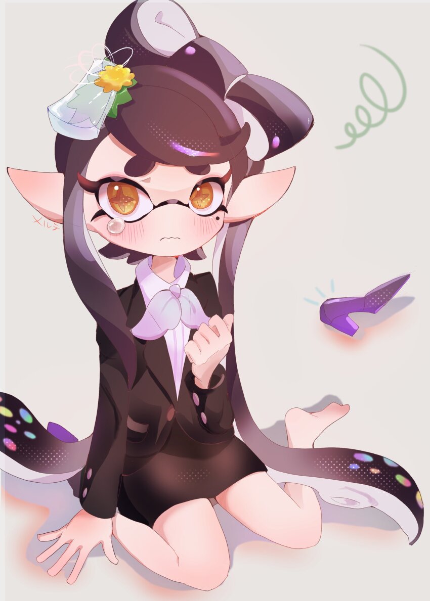 1girl, arm_up, barefoot, black_hair, black_skirt, black_suit, blush, bow-shaped_hair, callie_(news_anchor)_(splatoon), callie_(splatoon), closed_mouth, commentary_request, eyelashes, formal_clothes, grey_background, highres, inkling, long_hair, merute_spla, mole, mole_under_eye, nintendo, pencil_skirt, pointy_ears, see-through_bowtie, short_eyebrows, simple_background, sitting, skirt, solo, splatoon_(series), splatoon_3, star-shaped_pupils, star_(symbol), suit, symbol-shaped_pupils, tearing_up, tentacle_hair, thick_eyebrows, very_long_hair, wariza, wavy_mouth, yellow_eyes