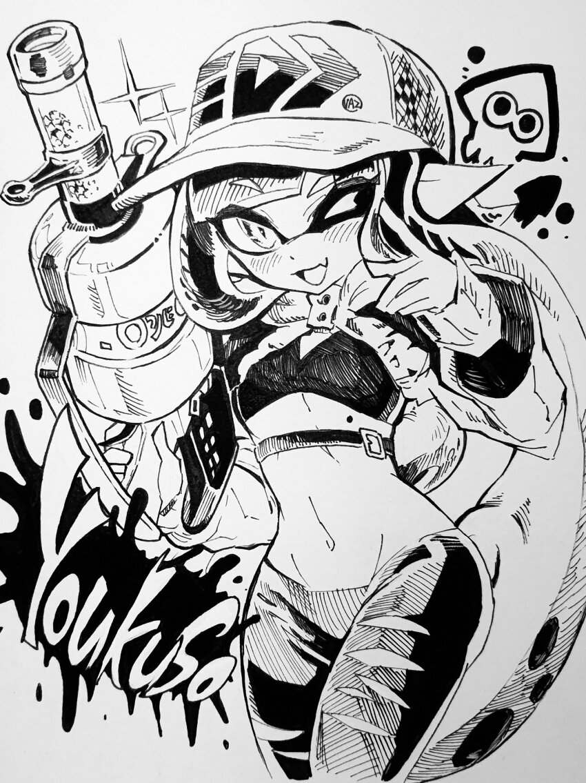 .96_gal_(splatoon), 1girl, baseball_cap, belt, dokudami_so, fang, greyscale, gun