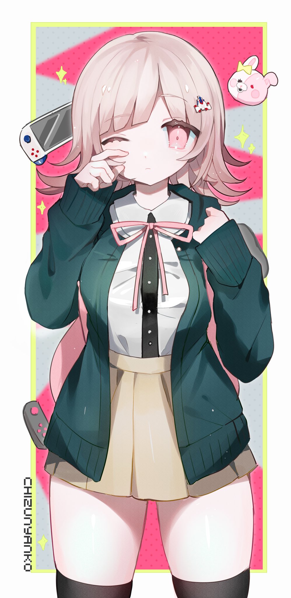 1girl, animal_bag, artist_name, backpack, bag, black_thighhighs, bow, breasts, cat_bag, chizunyanko, closed_mouth, collared_shirt, cowboy_shot, danganronpa_(series), danganronpa_2:_goodbye_despair, dress_shirt, ear_bow, flipped_hair, green_jacket, hair_ornament, hairclip, handheld_game_console, hands_up, highres, hood, hood_down, hooded_jacket, jacket, large_breasts, long_sleeves, looking_at_viewer, medium_hair, miniskirt, nanami_chiaki, neck_ribbon, nintendo_switch, one_eye_closed, open_clothes, open_jacket, pink_bag, pink_eyes, pink_hair, pink_ribbon, pleated_skirt, ribbon, shirt, shirt_tucked_in, skindentation, skirt, sleeves_past_wrists, solo, thighhighs, two-tone_shirt, white_shirt, yellow_skirt, zettai_ryouiki