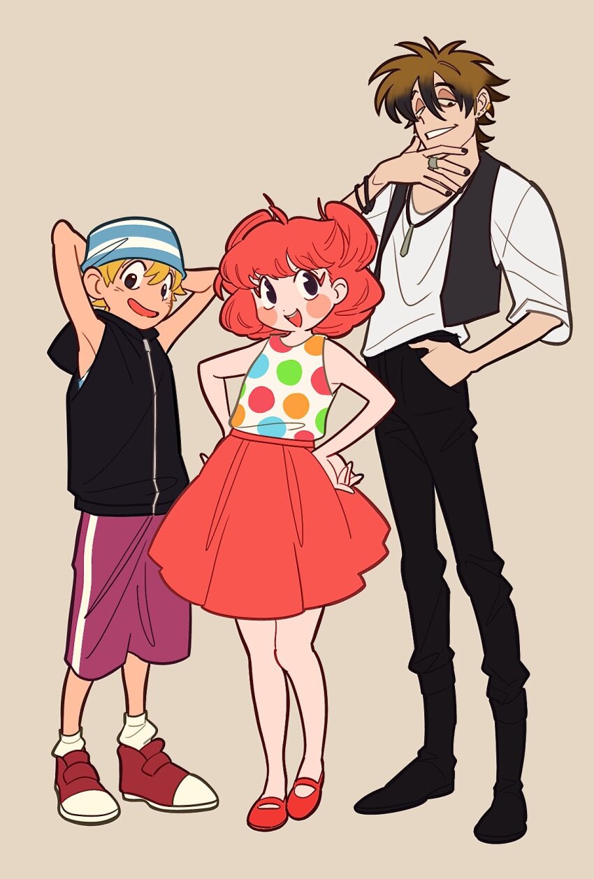 1girl, 2boys, animal_crossing, apple_(animal_crossing), arms_behind_head, black_pants, black_vest, blush_stickers