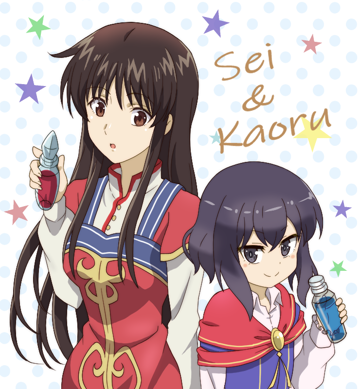 2girls, black_eyes, blue_dress, breasts, brown_eyes, brown_hair, cape, character_name