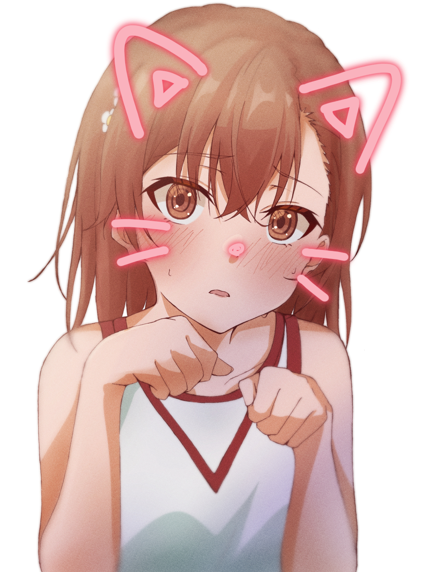 1girl, 2024, 20s, absurdres, bare_shoulders, blush, brown_eyes, brown_hair, collarbone, commentary_request, crossed_bangs, drawn_ears, drawn_nose, drawn_whiskers, face_filter, flower, gym_shirt, gym_uniform, hair_between_eyes, hair_flower, hair_ornament, halya_meri, highres, looking_at_viewer, matching_hair/eyes, medium_hair, misaka_mikoto, open_mouth, paid_reward_available, paw_pose, red_trim, shirt, sleeveless, sleeveless_shirt, solo, toaru_kagaku_no_railgun, toaru_majutsu_no_index, tokiwadai_school_gym_uniform, upper_body, white_background, white_shirt