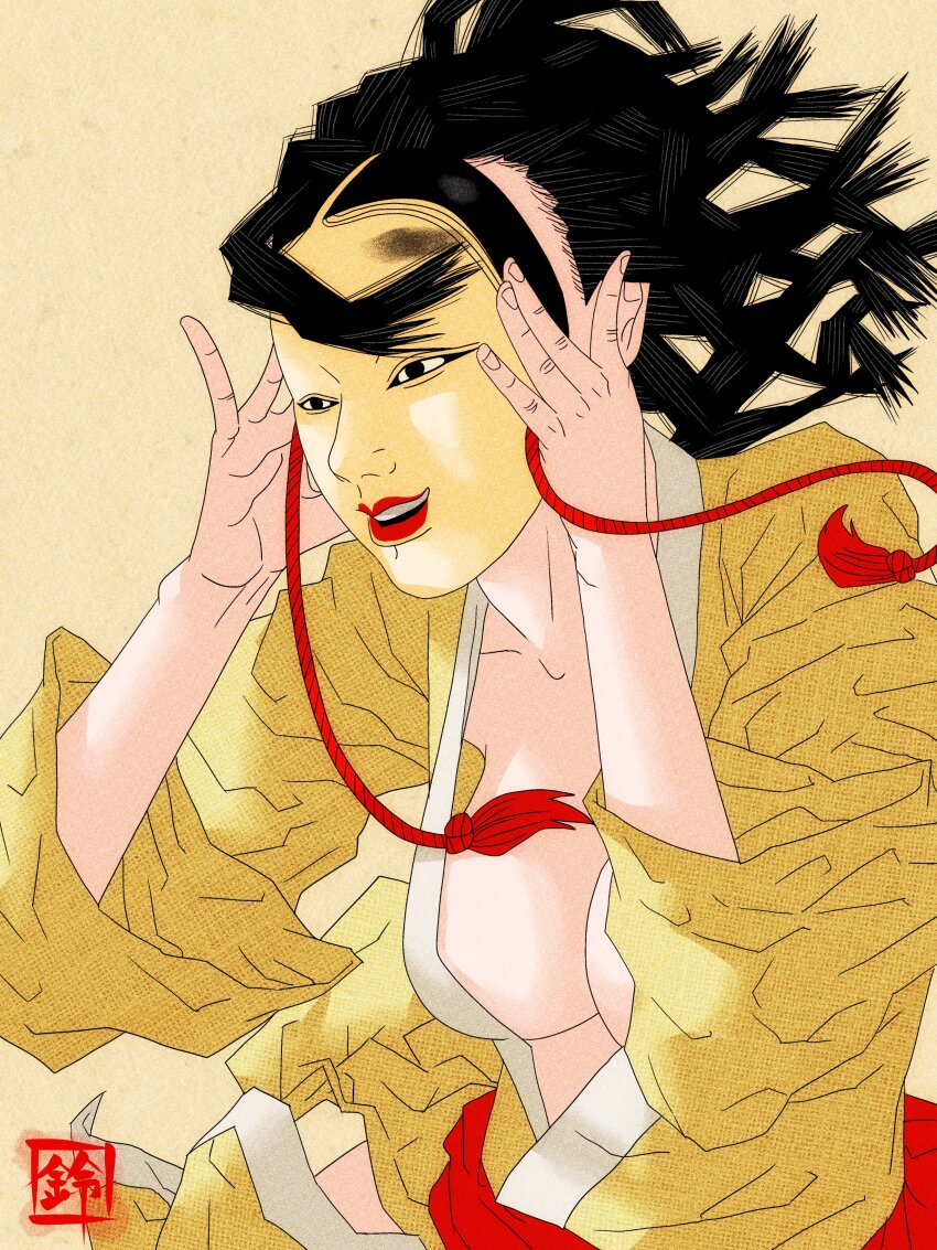 1girl, absurdres, black_hair, breasts, cleavage, collarbone, fine_art_parody, highres