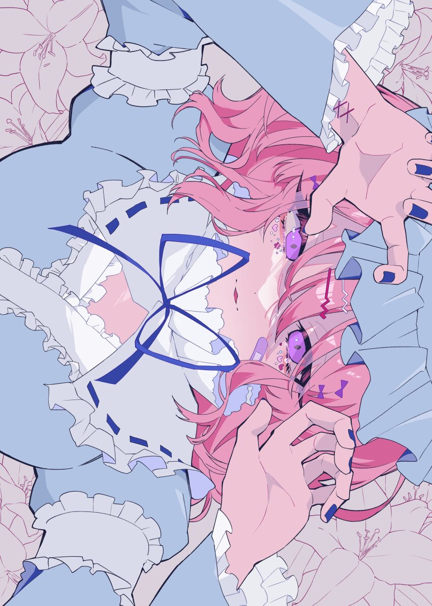 1girl, absurdres, blue_kimono, flower, frilled_kimono, frills, hat, highres