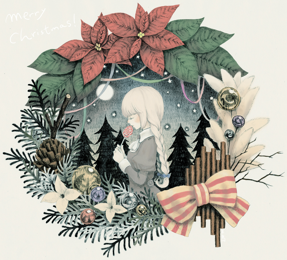 1girl, bad_id, bad_pixiv_id, bow, braid, candy, christmas, christmas_tree