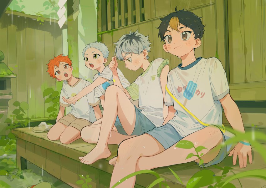 4boys, :o, absurdres, aged_down, annsmow, black_hair, blue_shorts, bokuto_koutarou