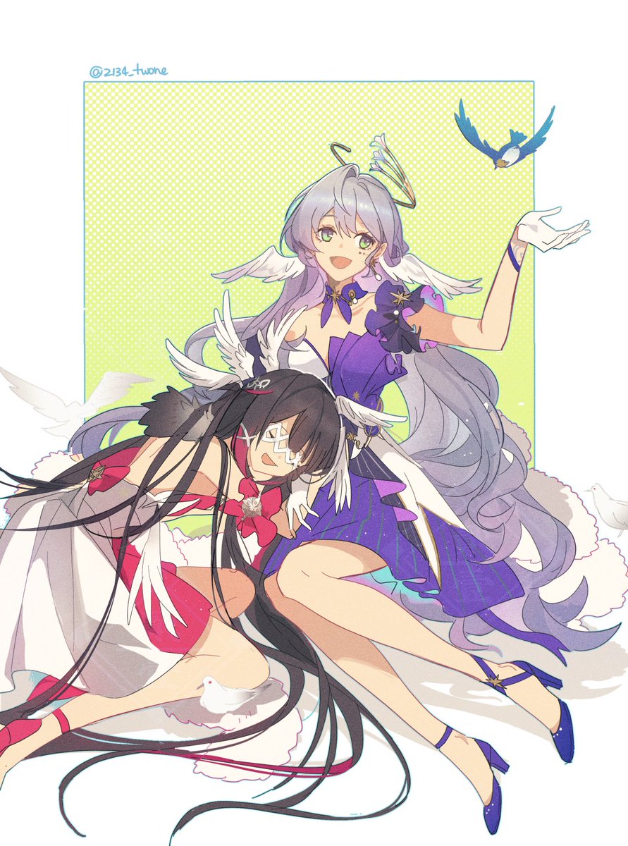 2134twone, 2girls, aqua_eyes, bird, black_hair, closed_eyes, columbina_(genshin_impact), detached_sleeves