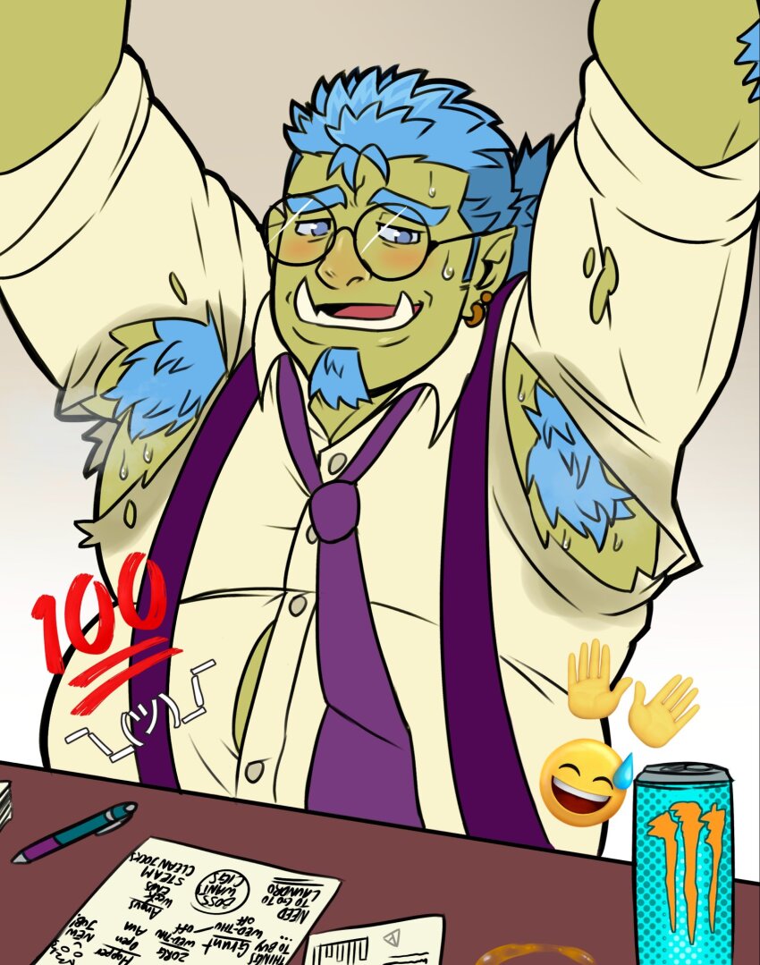 1boy, armpits, bara, belly, blush, colored_skin, embarrassed, excessive_armpit_hair, fat, fat_man, glasses, green_skin, highres, looking_at_viewer, loose_necktie, male_focus, monster_boy, necktie, office, onlytusks, orc, original, orson_(onlytusks), photo-referenced, pointy_ears, round_eyewear, salaryman, shirt, short_hair, solo, sweat, torn_clothes, torn_shirt, tusks, ugly_bastard, upper_body