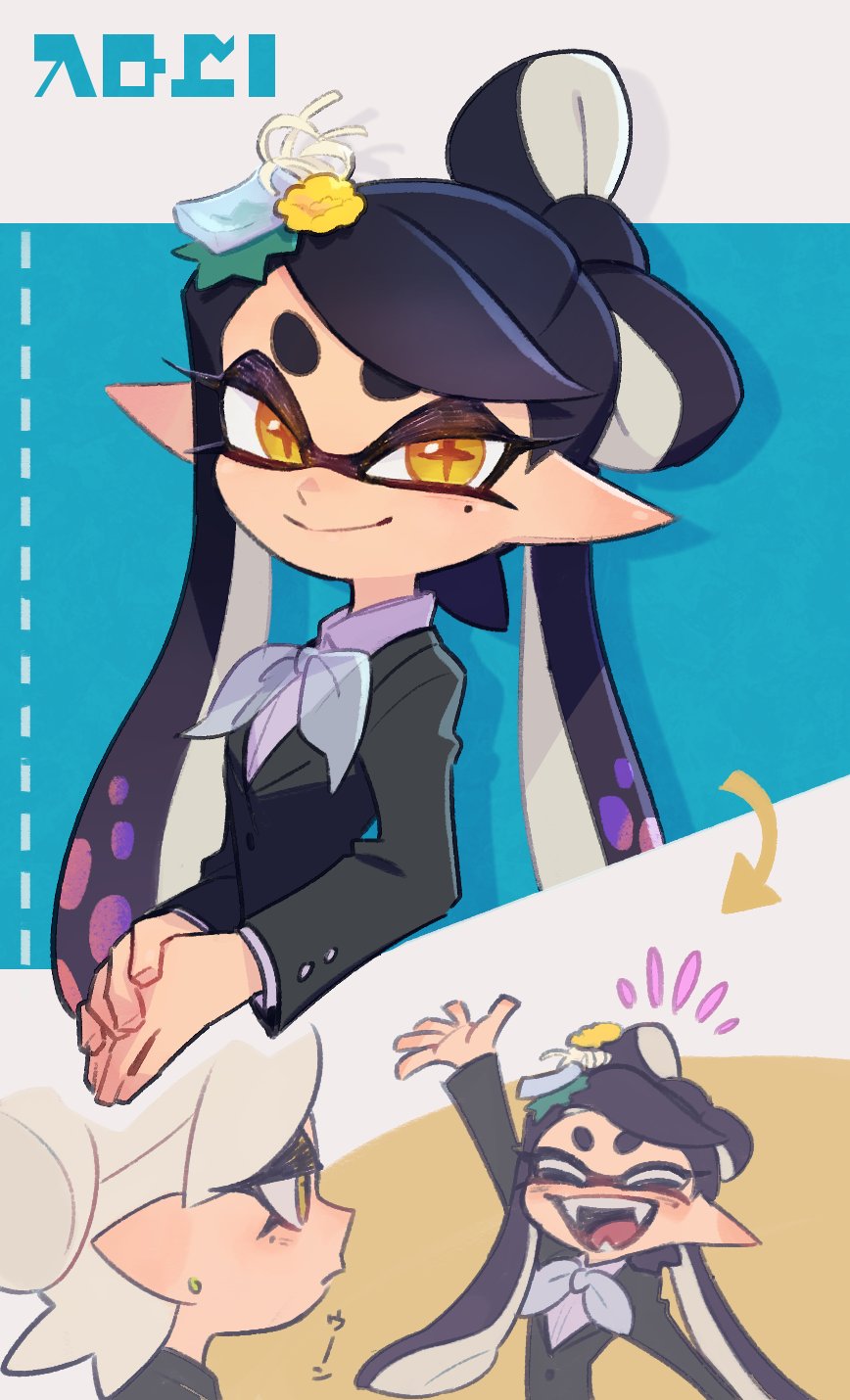 2girls, :d, ^_^, arm_up, black_hair, black_jacket, bow, bow-shaped_hair, bowtie, callie_(news_anchor)_(splatoon), callie_(splatoon), closed_eyes, closed_mouth, collared_shirt, commentary_request, earrings, grey_hair, highres, inkling, jacket, jewelry, long_hair, long_sleeves, looking_at_another, marie_(splatoon), mole, mole_under_eye, multicolored_hair, multiple_girls, multiple_views, nintendo, official_alternate_costume, open_mouth, orange_pupils, own_hands_together, pink_hair, pointy_ears, purple_shirt, see-through_bowtie, shirt, short_hair, smile, splatoon_(series), splatoon_3, star-shaped_pupils, star_(symbol), swept_bangs, symbol-shaped_pupils, tentacle_hair, thick_eyebrows, twintails, two-tone_hair, ukata, upper_body, white_bow, white_bowtie, yellow_eyes
