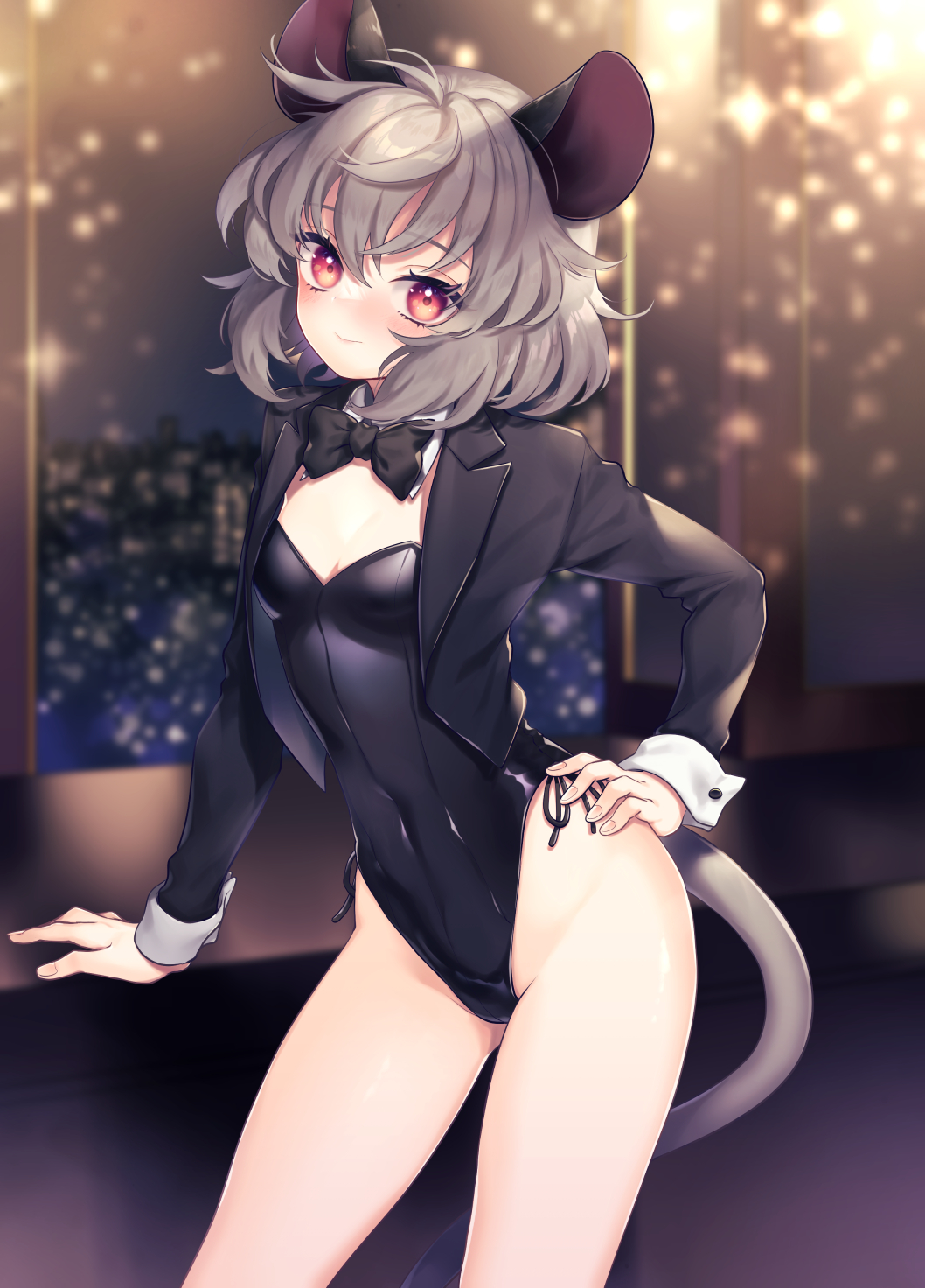 1girl, animal_ears, black_bow, black_bowtie, black_jacket, black_leotard, blurry, blurry_background