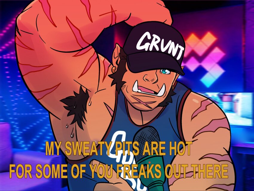 1boy, arm_up, armpit_hair, armpits, bara, biceps, dark-skinned_male, dark_skin, english_text, grunt_(onlytusks), hat_over_one_eye, highres, large_pectorals, livestream, male_focus, monster_boy, muscular, muscular_male, onlytusks, open_mouth, orc, original, pectorals, photo-referenced, pointy_ears, scar, scar_on_chin, scar_on_face, short_hair, sidepec, solo, subtitled, sweat, tusks, upper_body