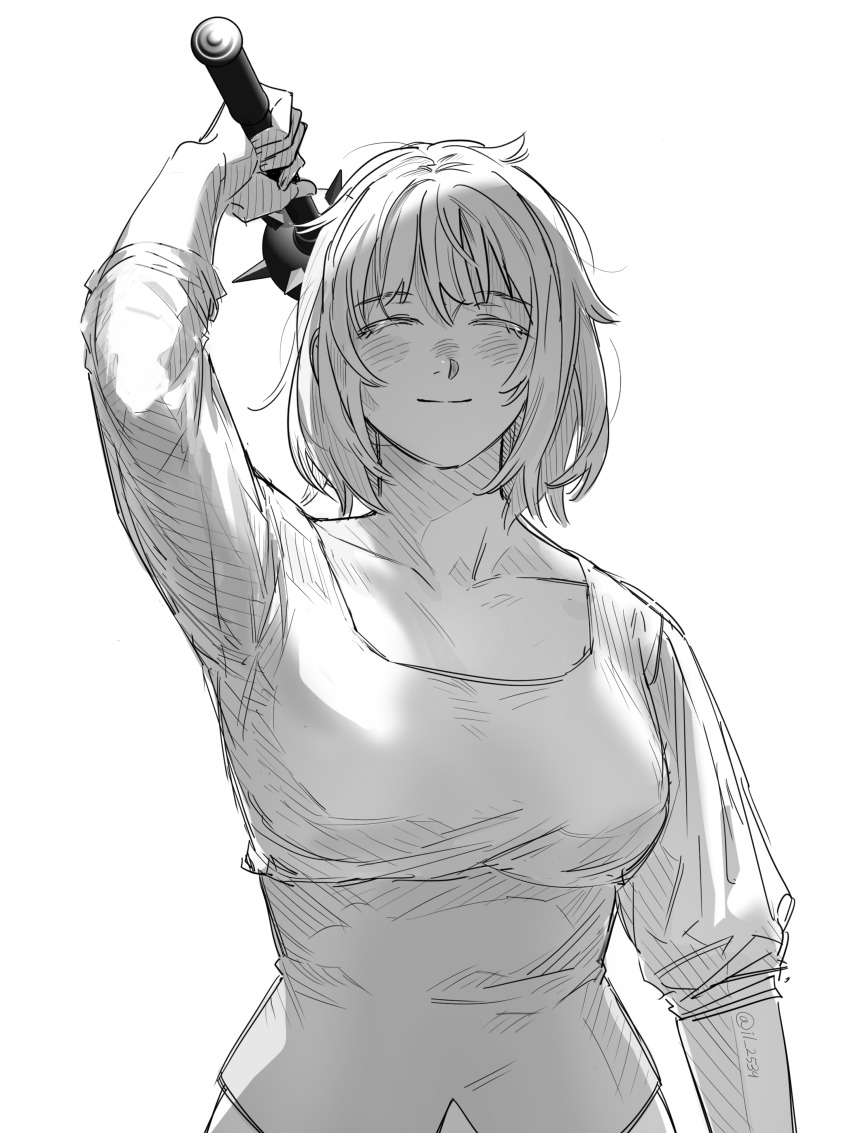 1girl, absurdres, arm_at_side, arm_up, backlighting, bluish_gray_cat, blush, breasts, closed_mouth, collarbone, dungeon_meshi, facing_viewer, falin_touden, greyscale, highres, impending_doom, incoming_attack, korean_commentary, large_breasts, mace, monochrome, shirt, short_hair, simple_background, sketch, sleeves_rolled_up, smile, solo, spiked_mace, spikes, twitter_username, upper_body, weapon